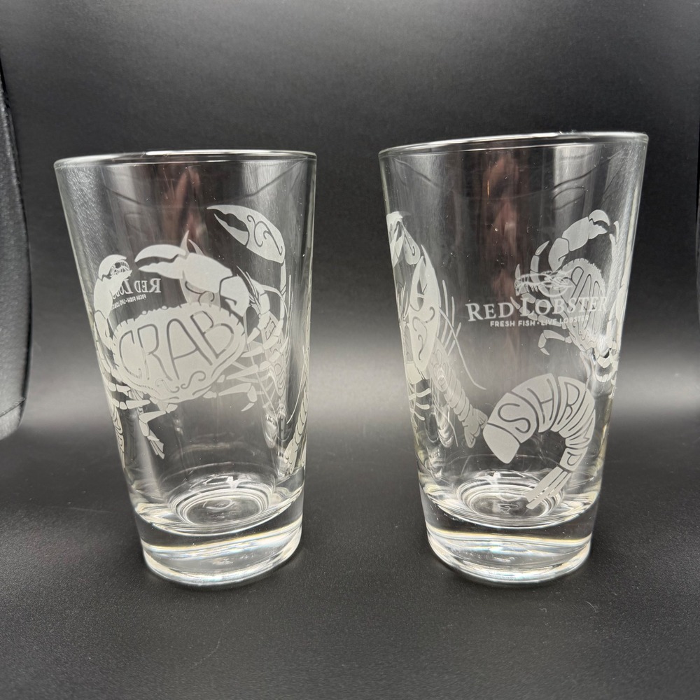 Red Lobster Etched Seafood Pint Glasses Set of 2 Lobster Crab Shrimp Clear Glass